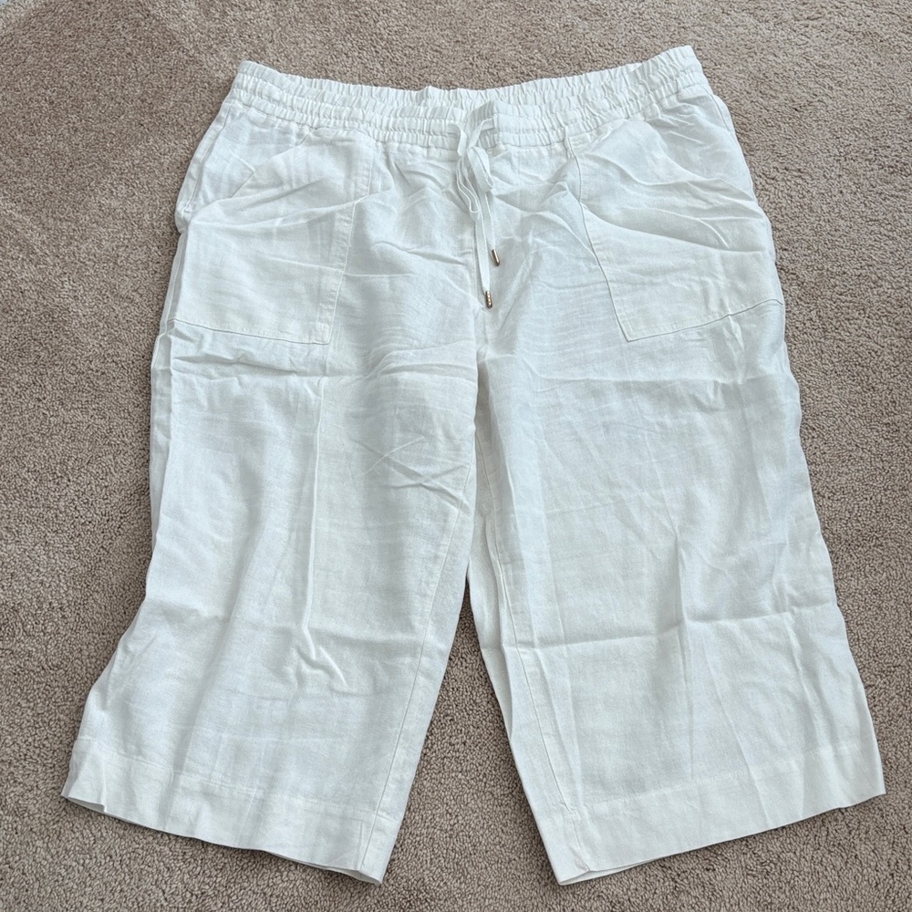 White Linen Drawstring Wide-Leg Crop Pants